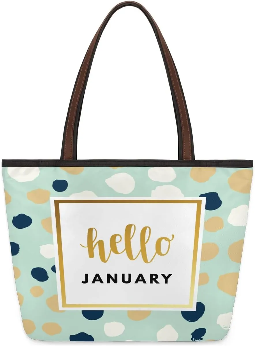 Hello January Dots Tote Bag for Women Womens Handbags Tote Bags for Travel Beach Gym