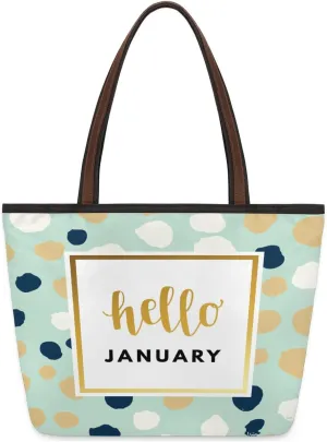 Hello January Dots Tote Bag for Women Womens Handbags Tote Bags for Travel Beach Gym