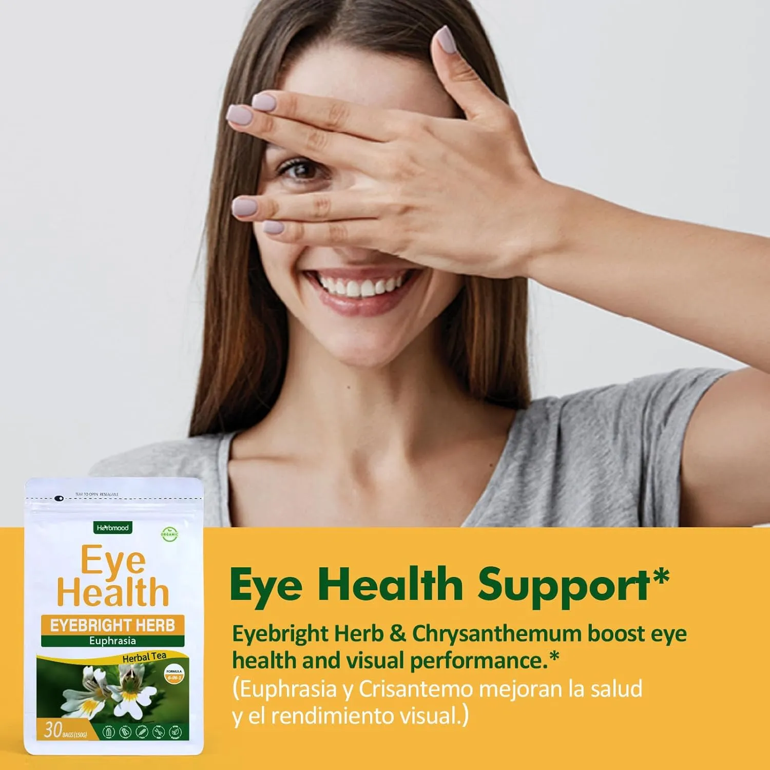 Herbmood Eyebright Herb Eye Health Tea Bags, Eye Bright Tea w/Cassia Seed Extract Supplement for Dry Eye & Sight Care Support, Euphrasia Officinalis para Los Ojos. 30 bags