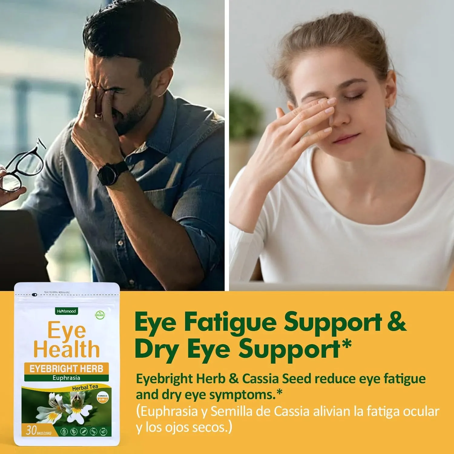 Herbmood Eyebright Herb Eye Health Tea Bags, Eye Bright Tea w/Cassia Seed Extract Supplement for Dry Eye & Sight Care Support, Euphrasia Officinalis para Los Ojos. 30 bags