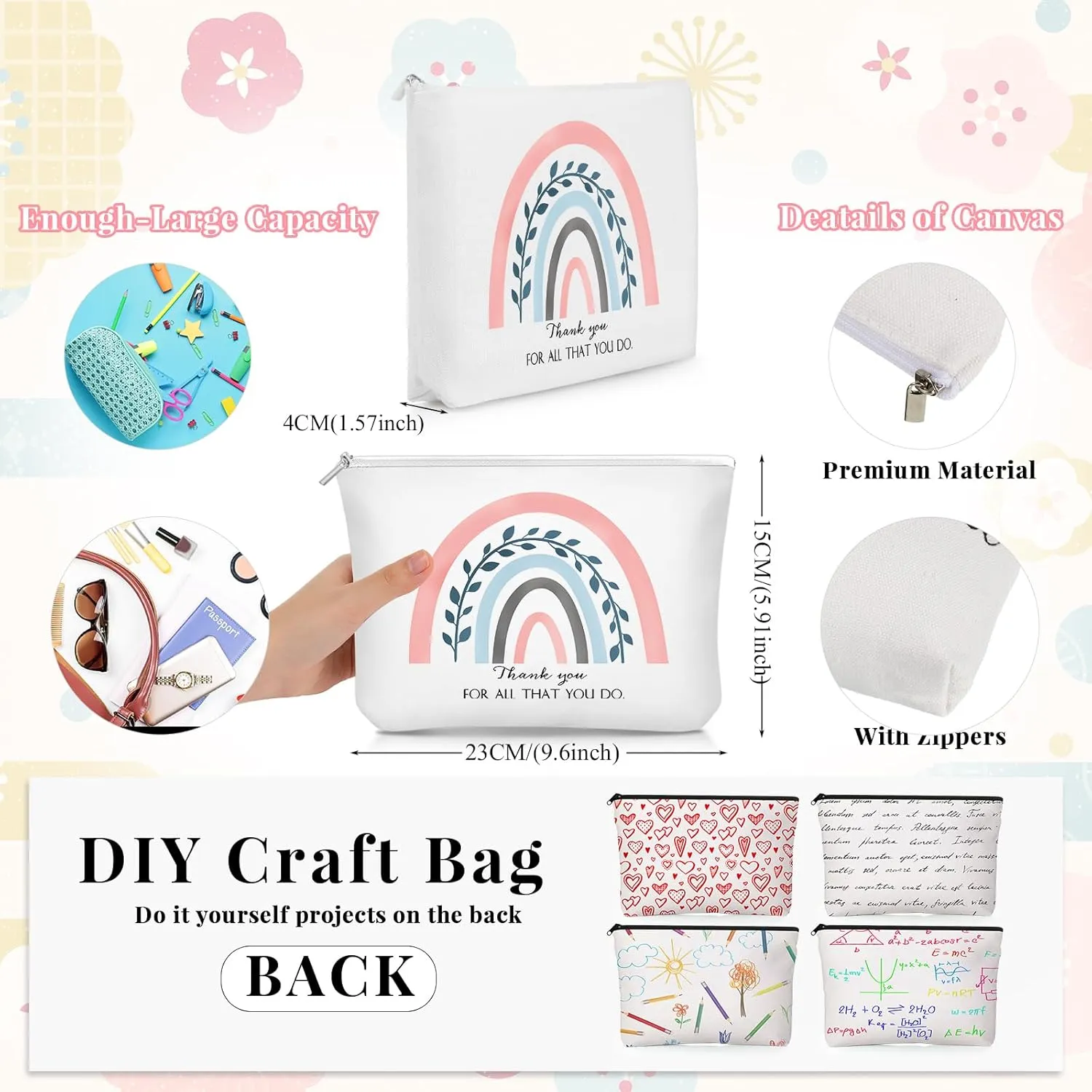 Hillban 40 Pcs Employee Appreciation Gifts Bulk Inspirational Rainbow Cosmetic Bag Canvas Makeup Bag Motivational Keychain for Teacher Student Graduation Birthday Back to School Gift