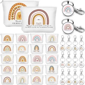 Hillban 40 Pcs Employee Appreciation Gifts Bulk Inspirational Rainbow Cosmetic Bag Canvas Makeup Bag Motivational Keychain for Teacher Student Graduation Birthday Back to School Gift