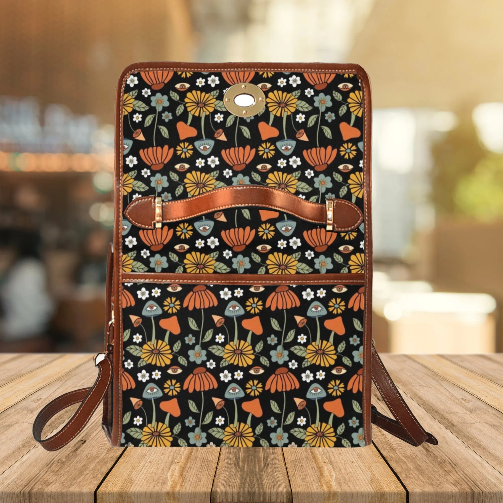 Hippie Mushroom On Black | Canvas Satchel Bag