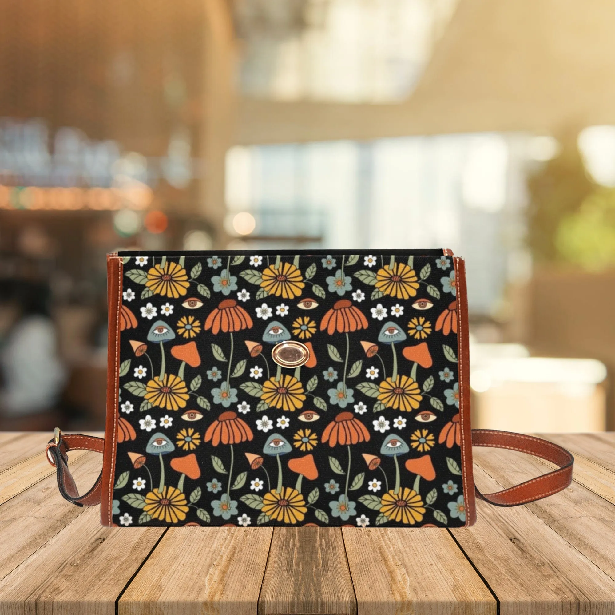 Hippie Mushroom On Black | Canvas Satchel Bag