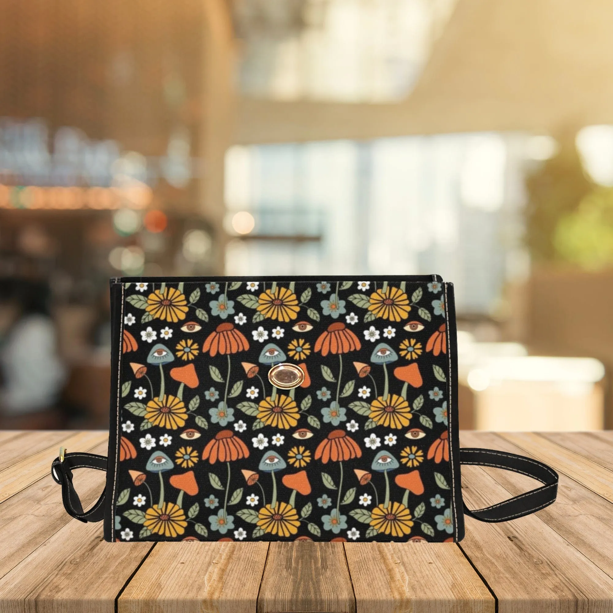 Hippie Mushroom On Black | Canvas Satchel Bag