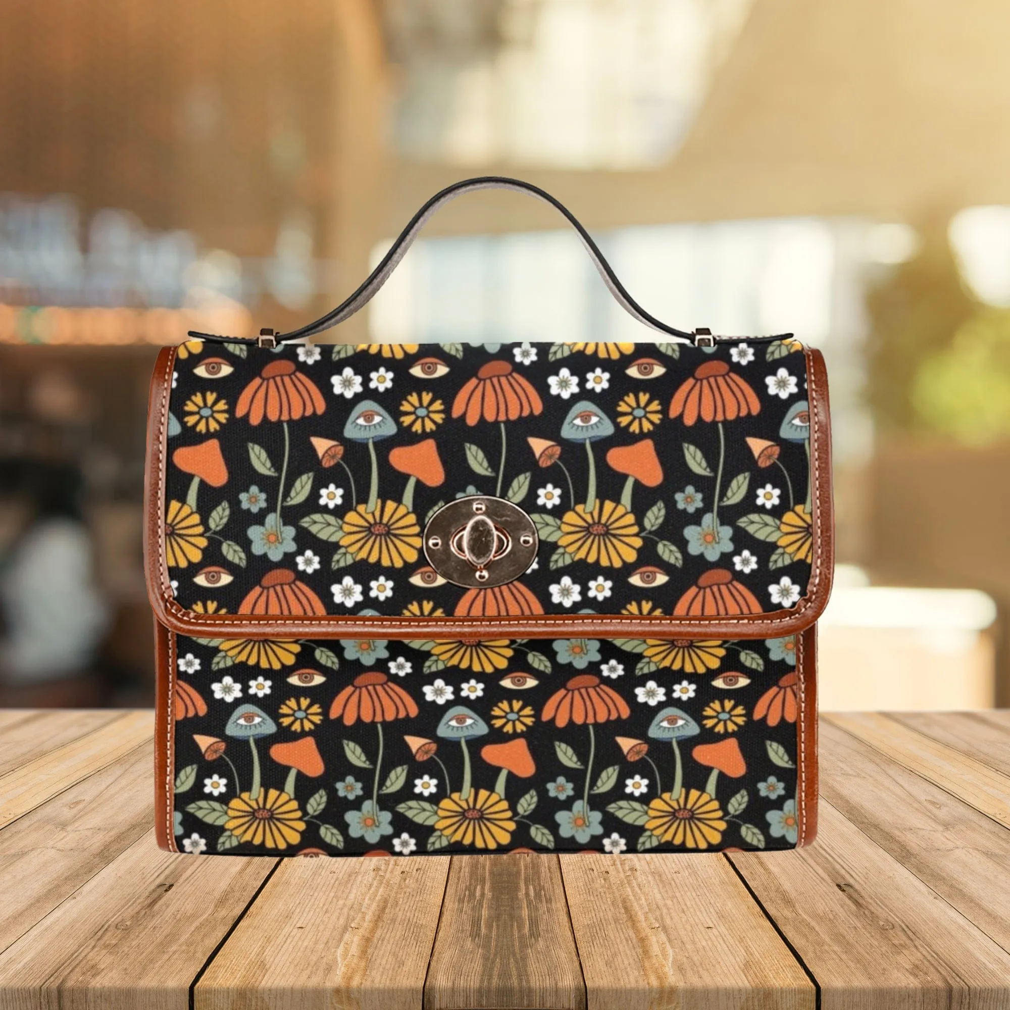 Hippie Mushroom On Black | Canvas Satchel Bag