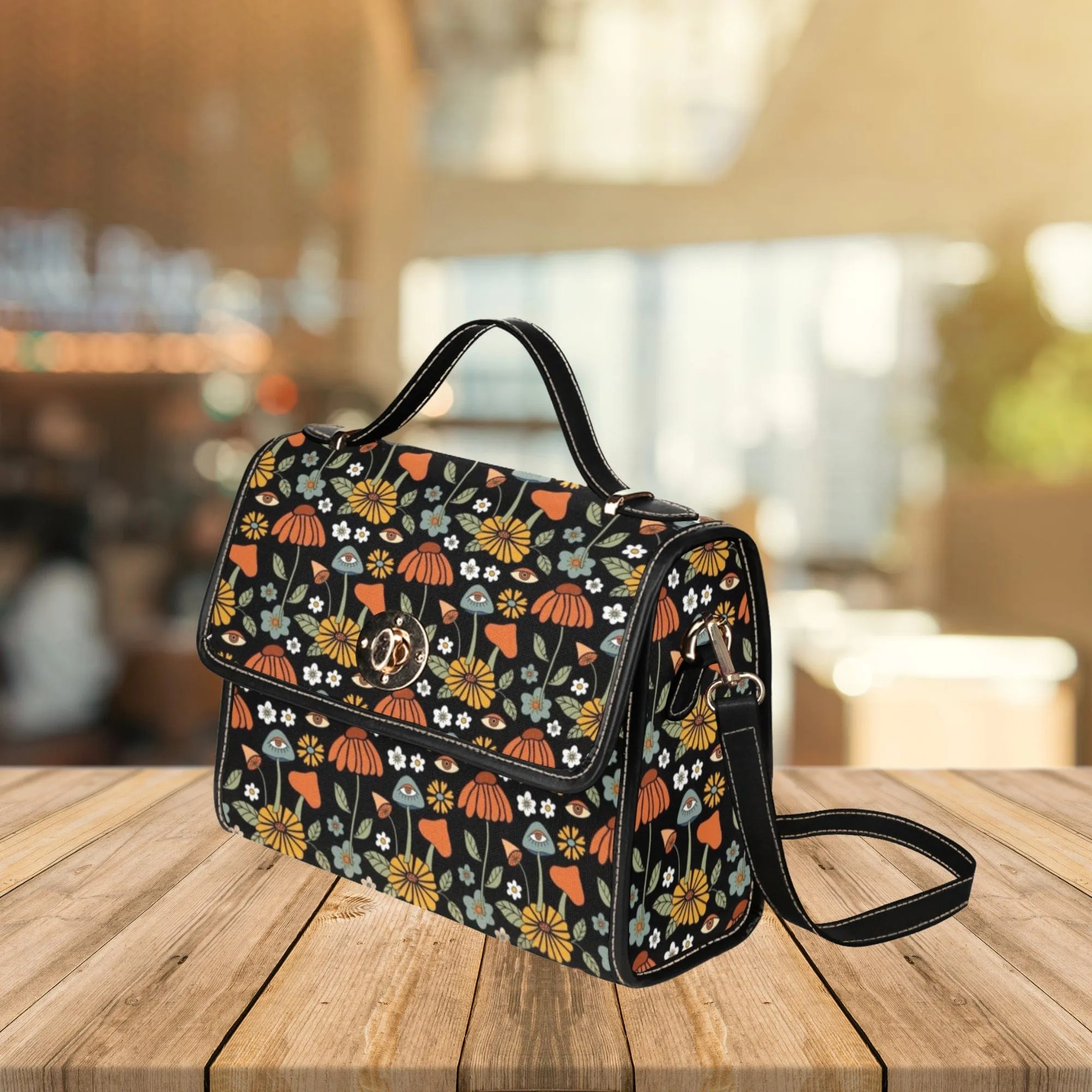 Hippie Mushroom On Black | Canvas Satchel Bag