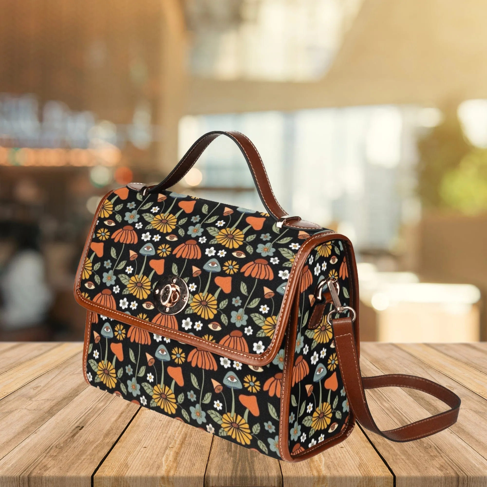 Hippie Mushroom On Black | Canvas Satchel Bag