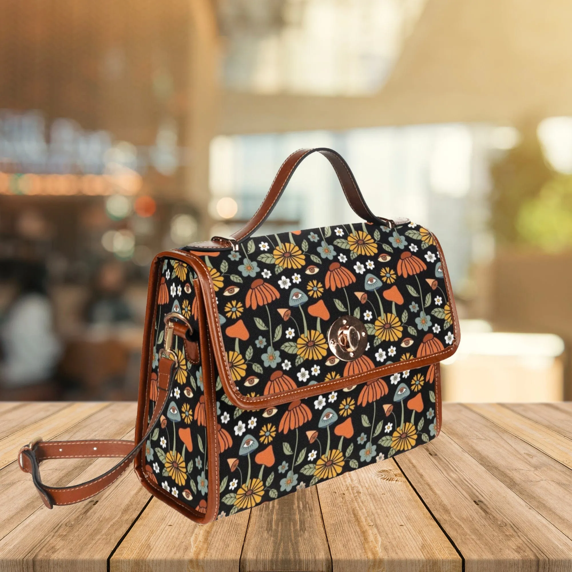 Hippie Mushroom On Black | Canvas Satchel Bag