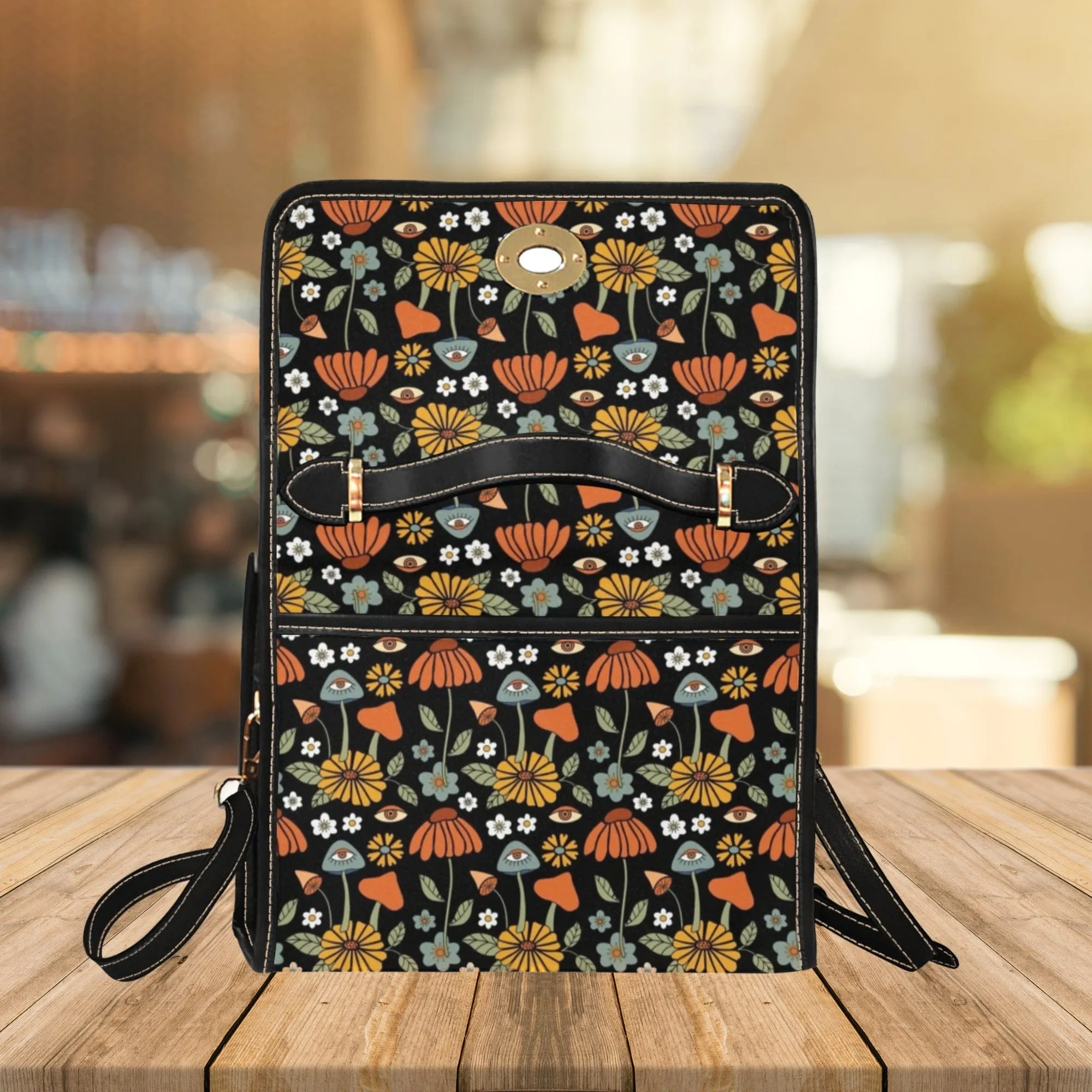 Hippie Mushroom On Black | Canvas Satchel Bag