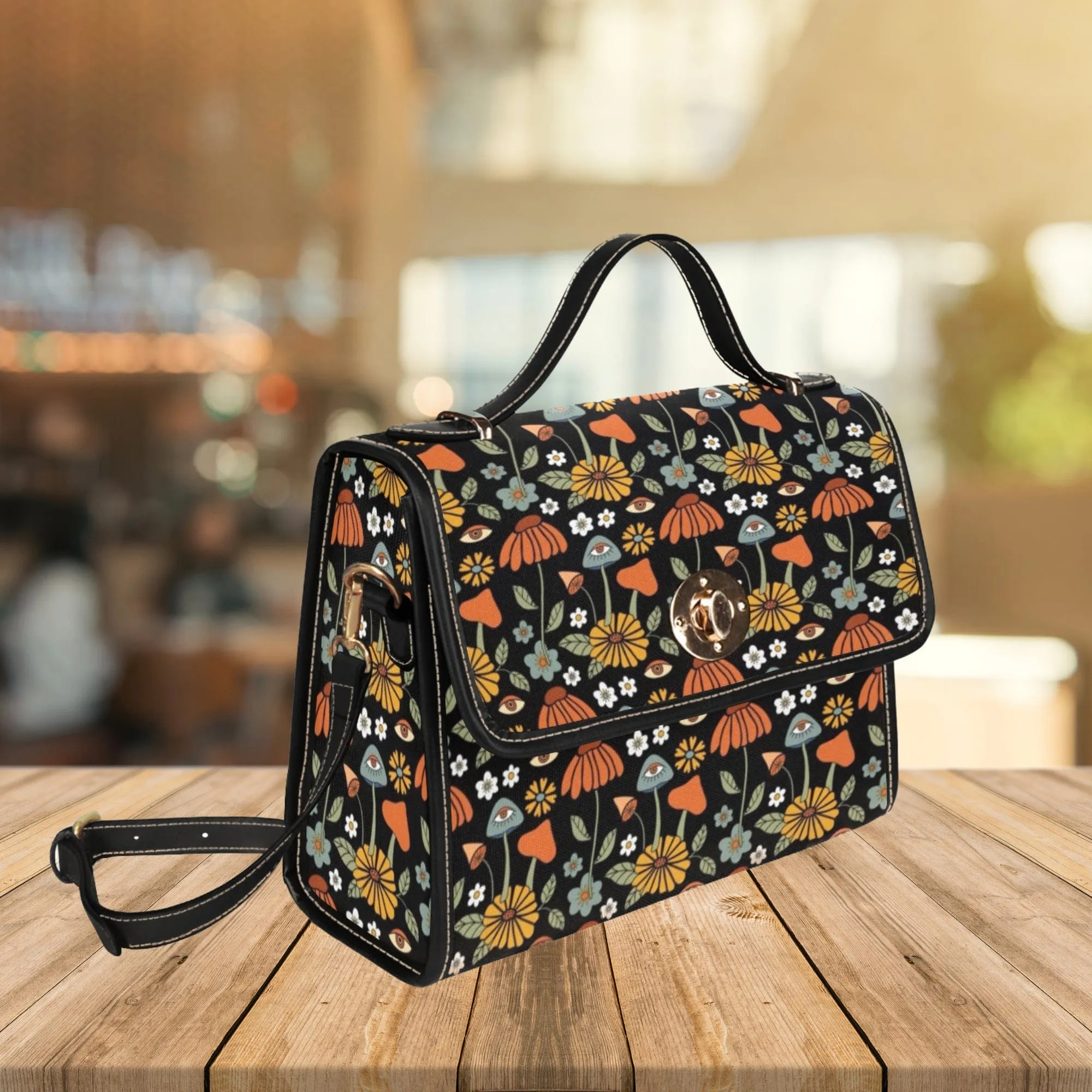 Hippie Mushroom On Black | Canvas Satchel Bag