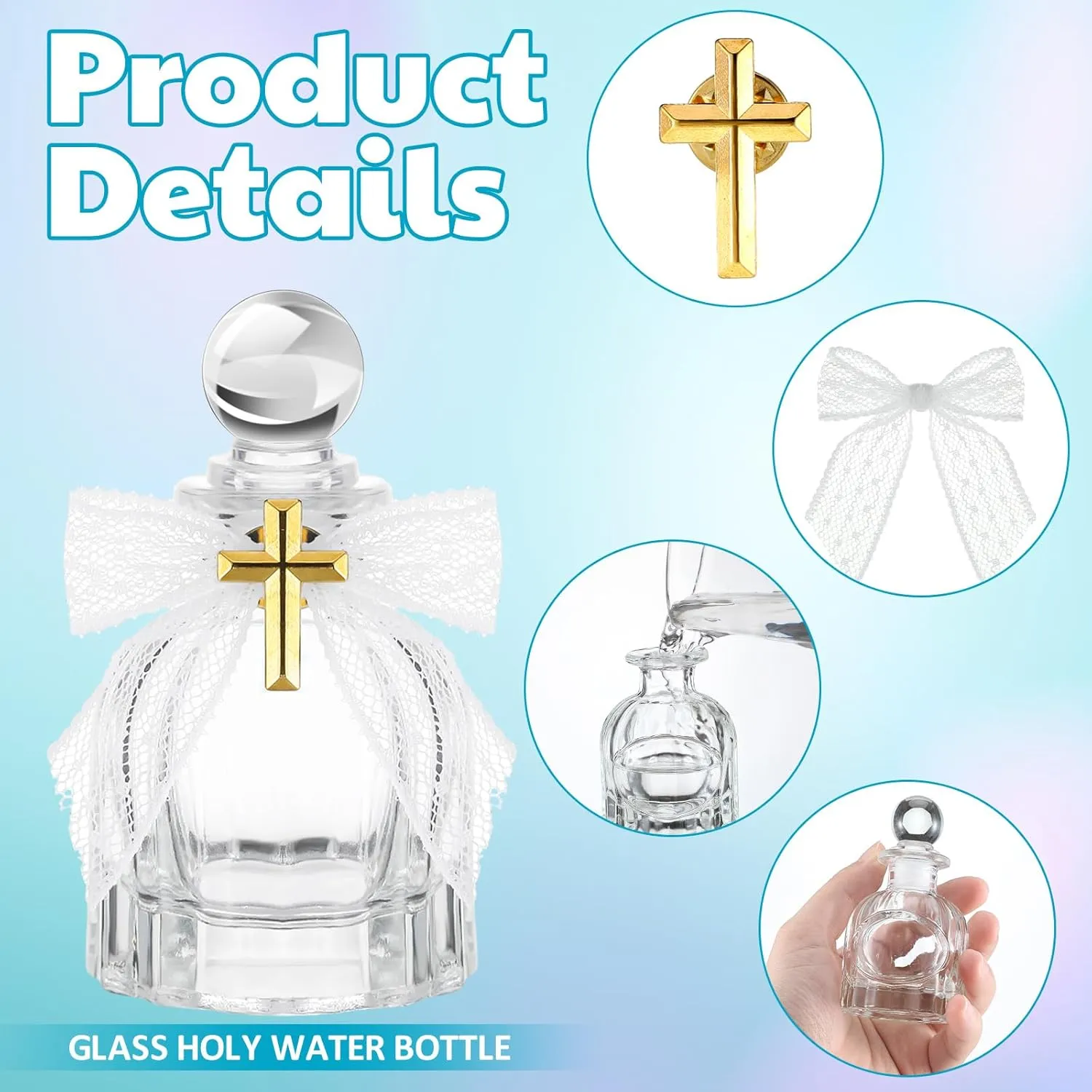 Holy Water Bottles Catholic Bulk Glass Baptism Favors for Guests Christian Water Container with Cross Organza Bags Bow for Holy Communion Gifts Church Wedding Baptism (White,24 Set)
