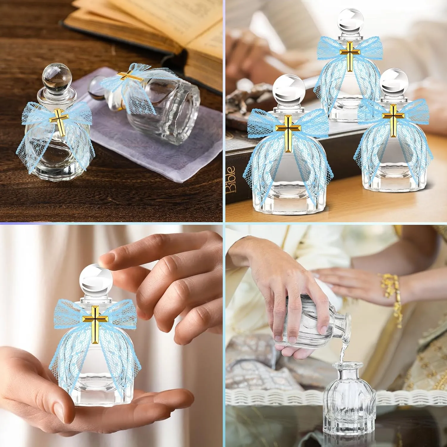 Holy Water Bottles Catholic Bulk Glass Baptism Favors for Guests Christian Water Container with Cross Organza Bags Bow for Holy Communion Gifts Church Wedding Baptism(Blue,24 Set)