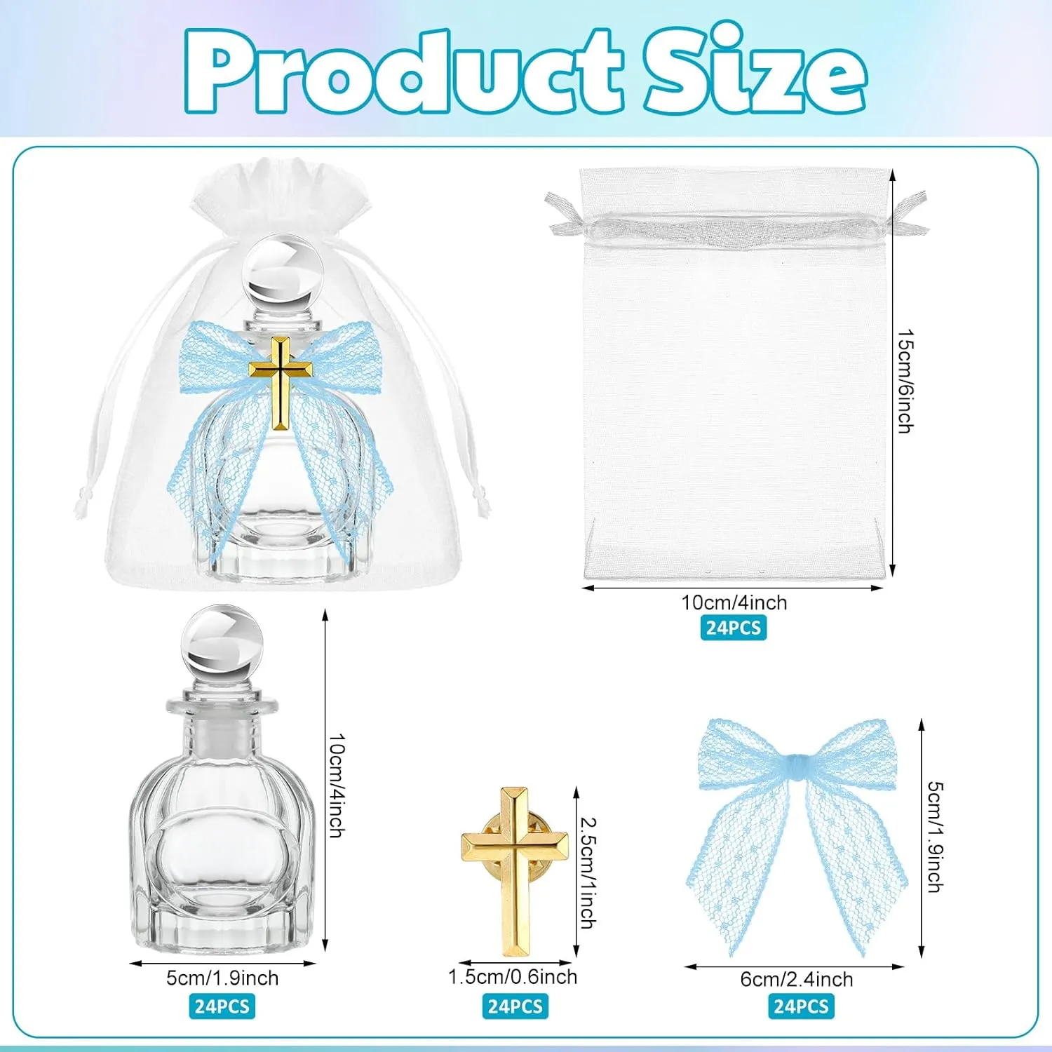 Holy Water Bottles Catholic Bulk Glass Baptism Favors for Guests Christian Water Container with Cross Organza Bags Bow for Holy Communion Gifts Church Wedding Baptism(Blue,24 Set)
