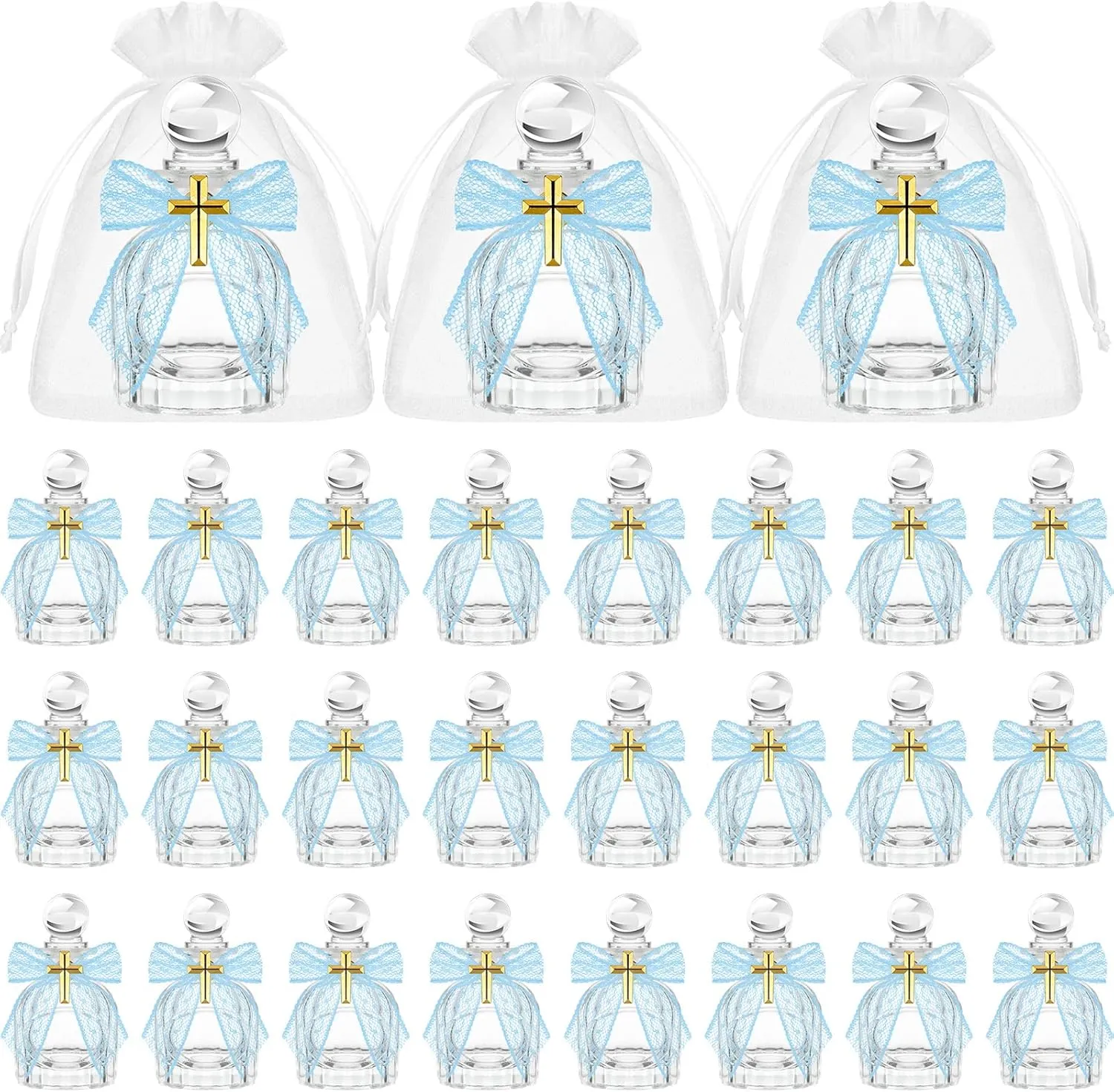 Holy Water Bottles Catholic Bulk Glass Baptism Favors for Guests Christian Water Container with Cross Organza Bags Bow for Holy Communion Gifts Church Wedding Baptism(Blue,24 Set)