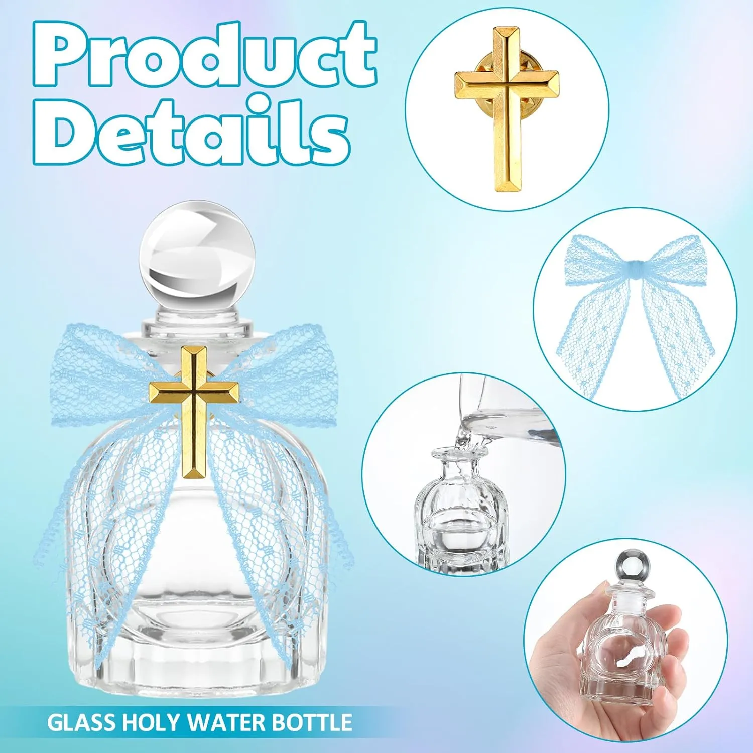 Holy Water Bottles Catholic Bulk Glass Baptism Favors for Guests Christian Water Container with Cross Organza Bags Bow for Holy Communion Gifts Church Wedding Baptism(Blue,24 Set)