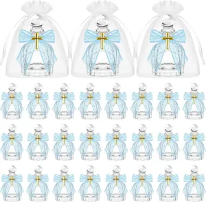 Holy Water Bottles Catholic Bulk Glass Baptism Favors for Guests Christian Water Container with Cross Organza Bags Bow for Holy Communion Gifts Church Wedding Baptism(Blue,24 Set)