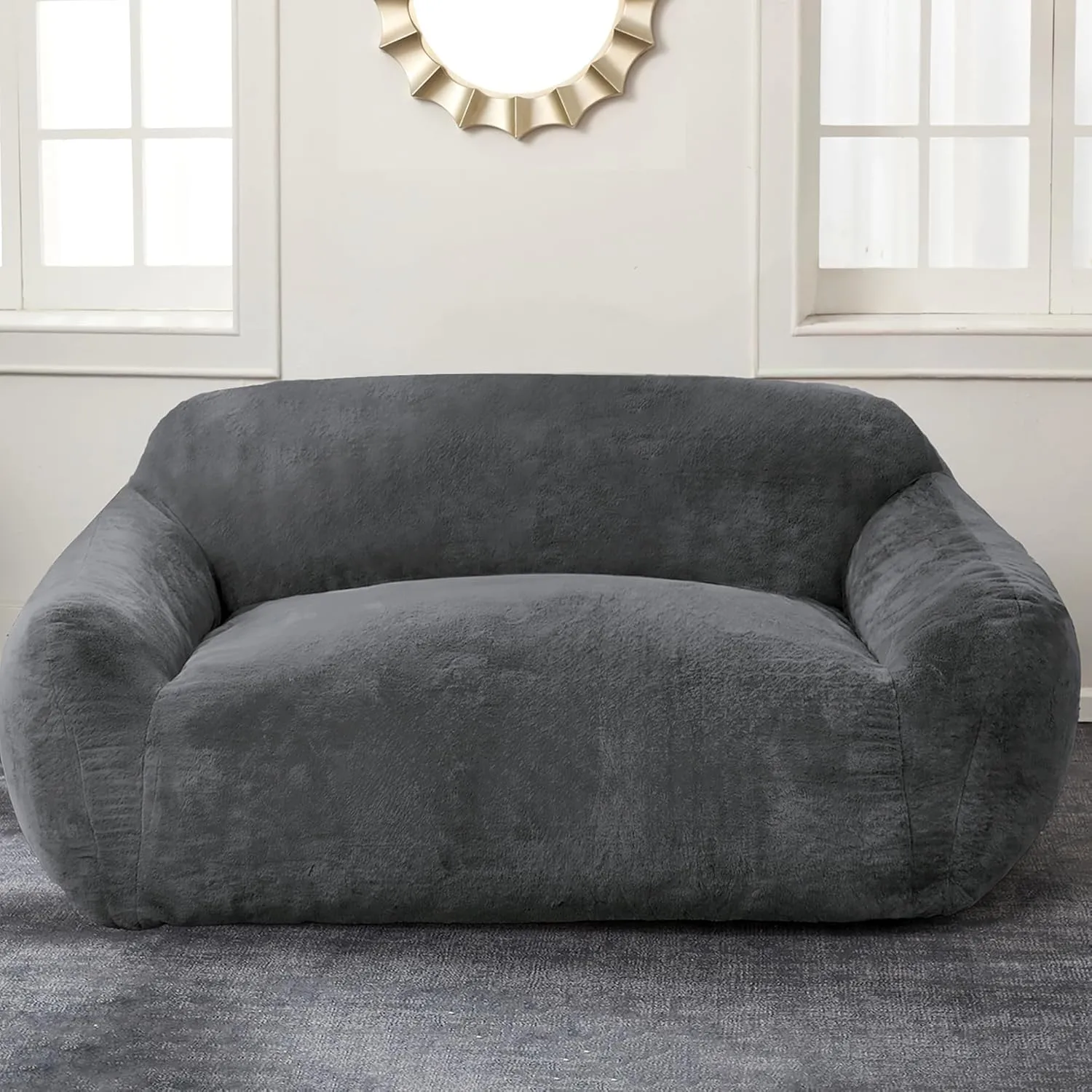 Homguava Oversized Bean Bag Chair for Adults, Giant Bean Bag Sofa,Bean Bag Couch Floor Sofa with Soft Faux Fur Cover & Wide Armrests Big BeanBag Lazy Sofa for Bedroom,Living room,Apartment (Grey Blue)