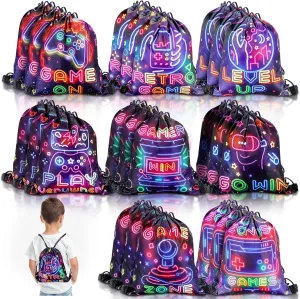 Huhumy 24 Pcs Video Game Party Favor Neon Game Drawstring Bags 12 x 10 Inch Video Theme Gifts Goodie Treat Candy Bags Party Supplies for Boys Girls for Kid Birthday