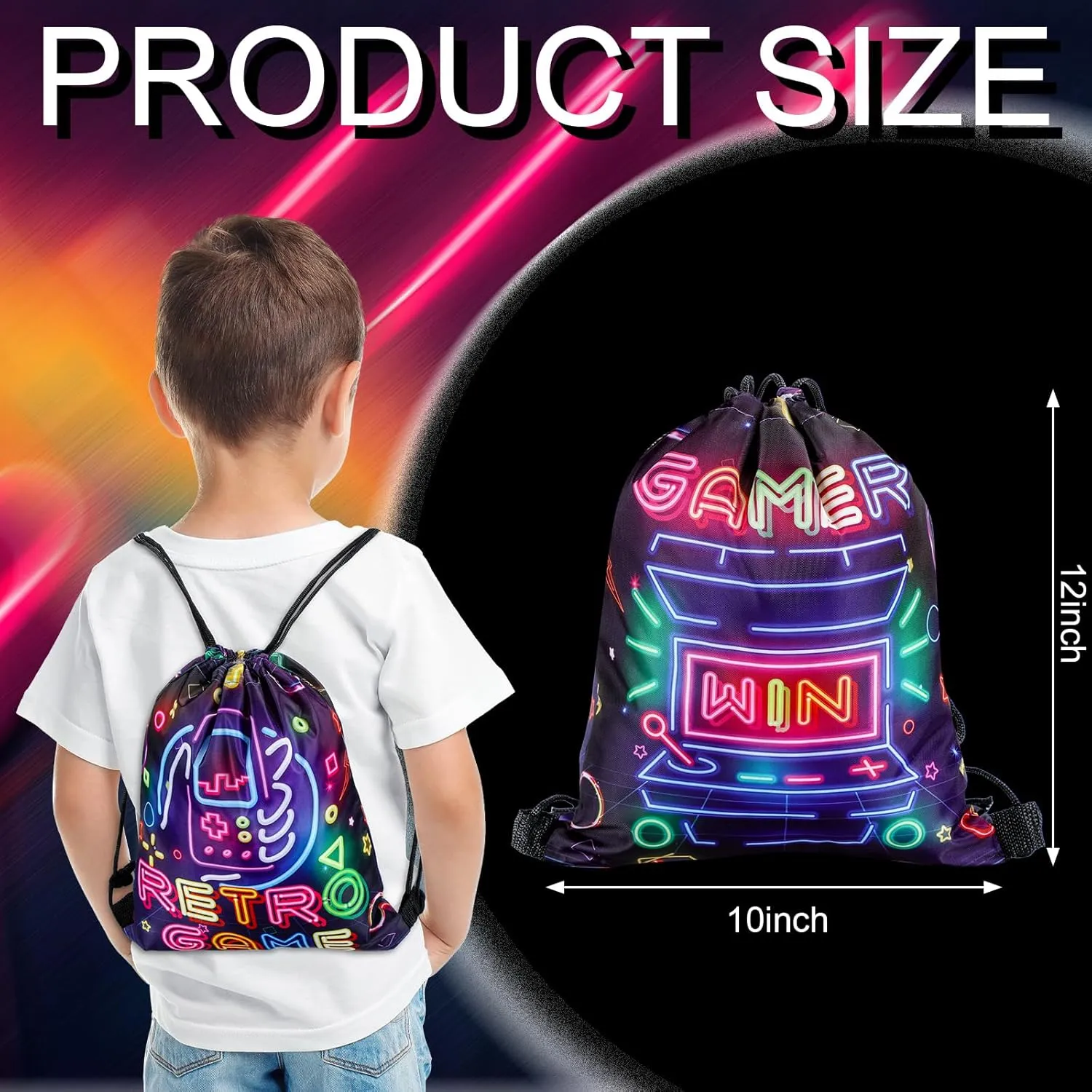 Huhumy 24 Pcs Video Game Party Favor Neon Game Drawstring Bags 12 x 10 Inch Video Theme Gifts Goodie Treat Candy Bags Party Supplies for Boys Girls for Kid Birthday