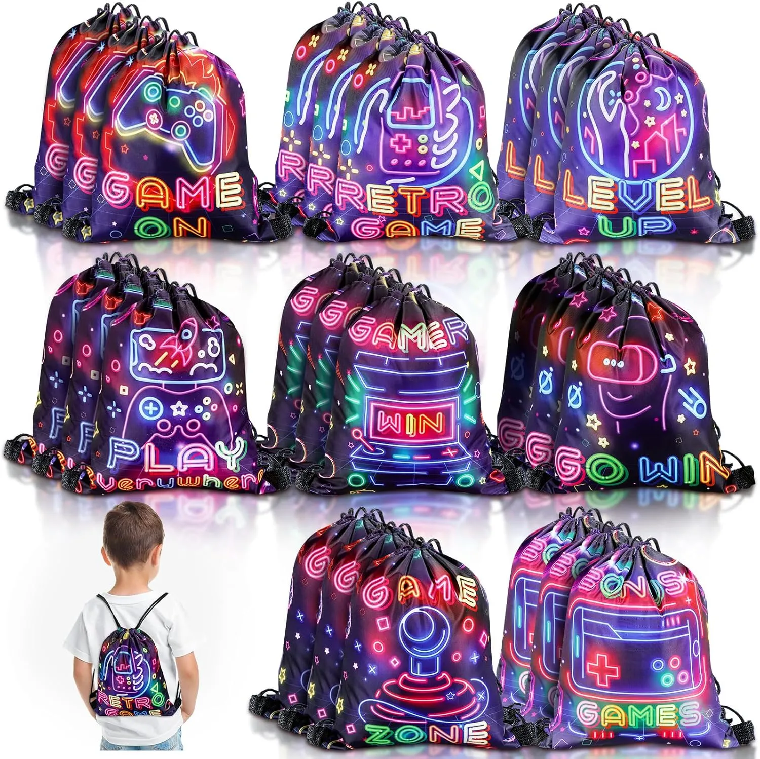 Huhumy 24 Pcs Video Game Party Favor Neon Game Drawstring Bags 12 x 10 Inch Video Theme Gifts Goodie Treat Candy Bags Party Supplies for Boys Girls for Kid Birthday