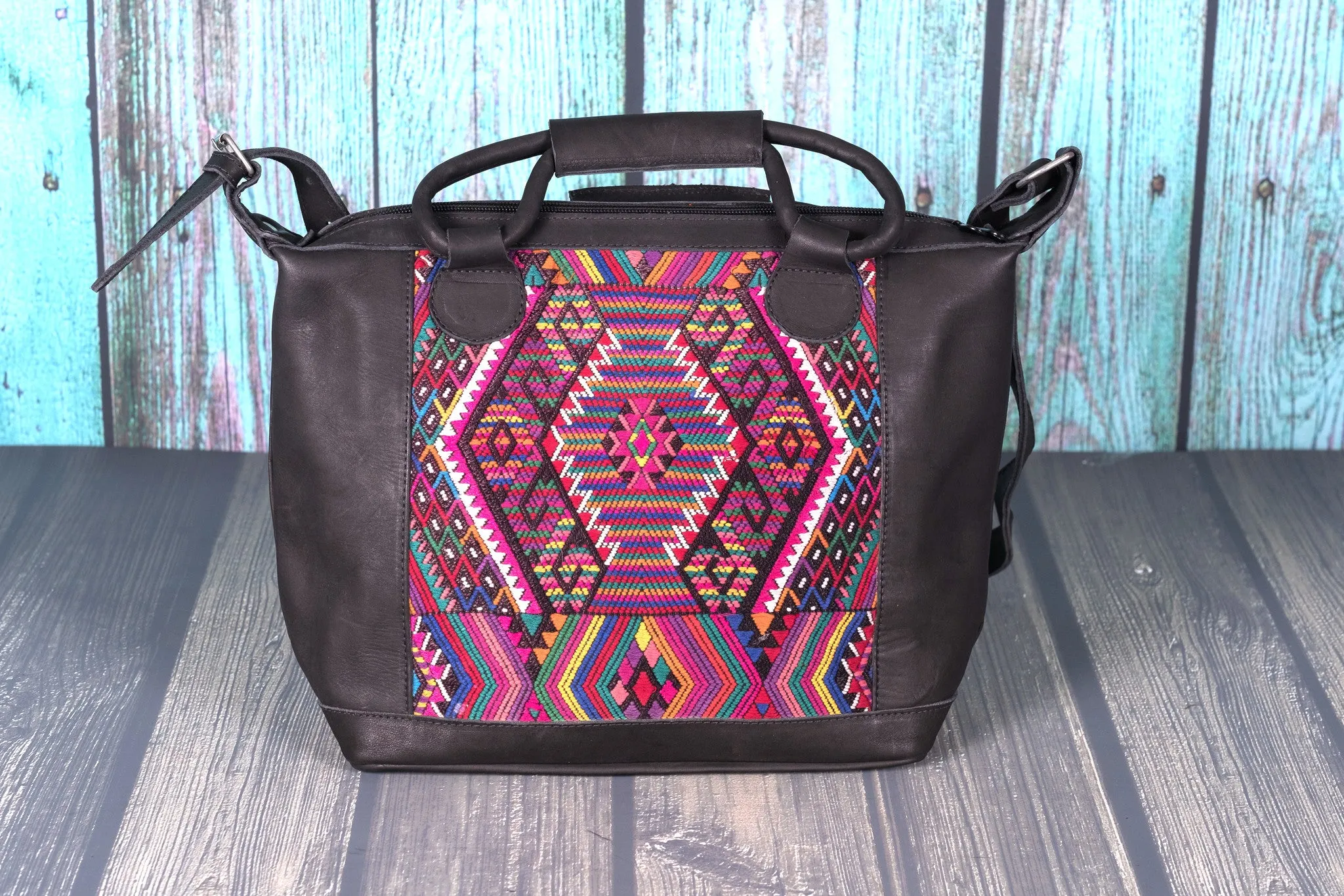 Huipil Day Bag Purse Diaper Bag (medium)  Black Leather