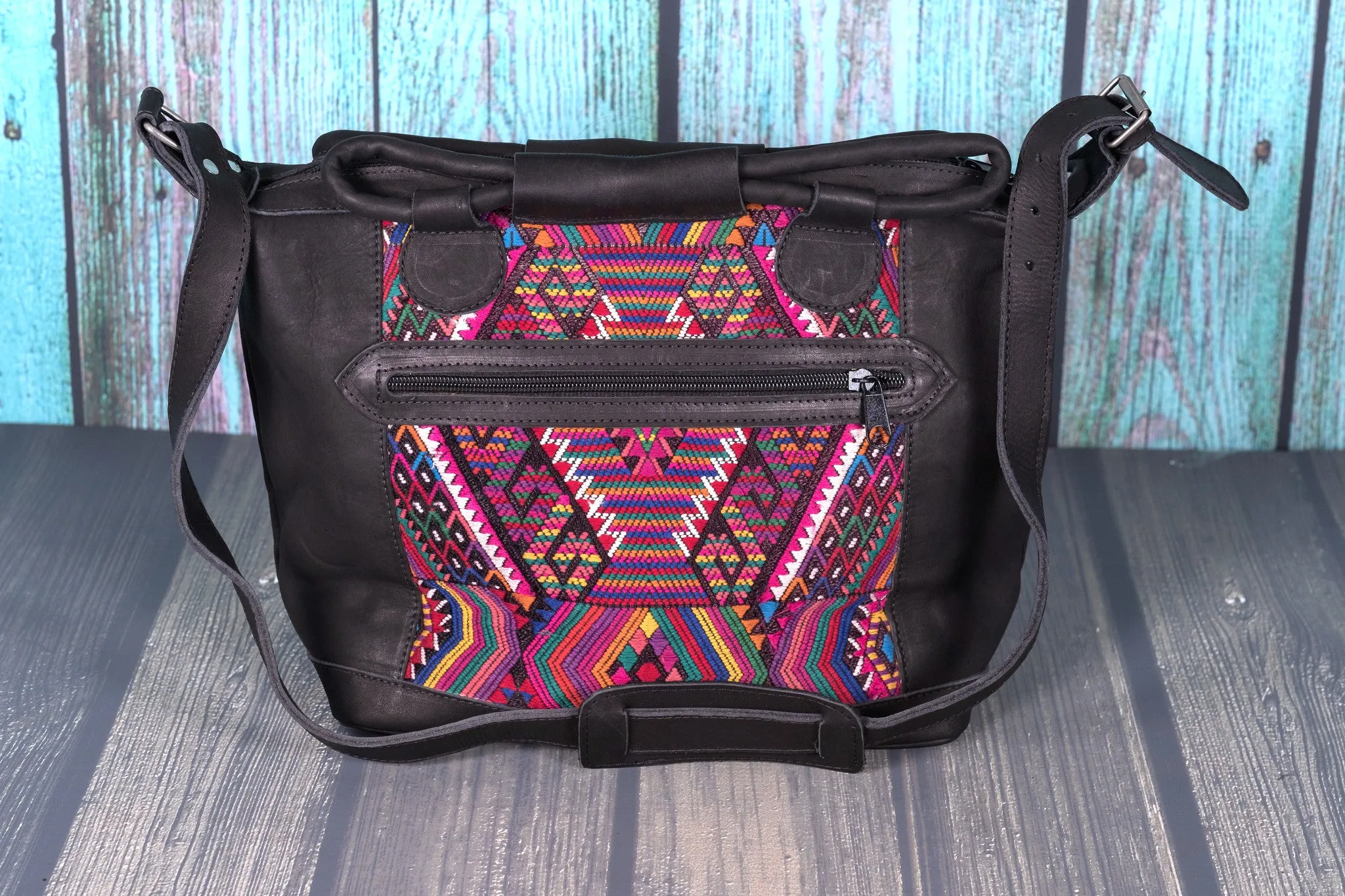 Huipil Day Bag Purse Diaper Bag (medium)  Black Leather