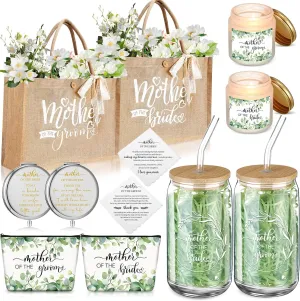 Hushee 2 Sets Mother of the Bride and Mother of the Groom Gifts Set Includes 16 oz Glass Cups Canvas Tote Bags Cosmetic Bag Handkerchief Candle for Mom Bridal Shower Wedding Gifts(Eucalyptus)