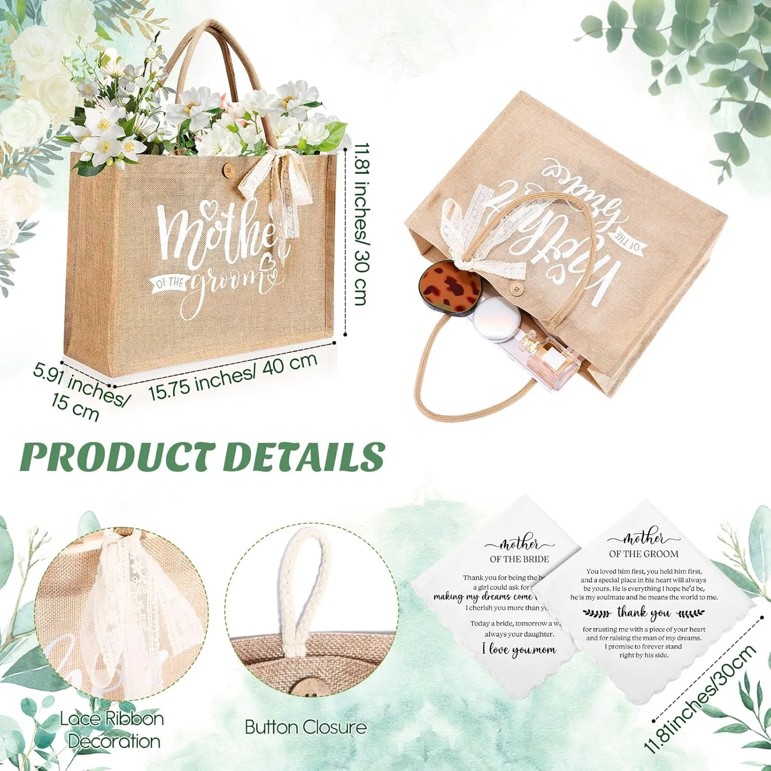 Hushee 2 Sets Mother of the Bride and Mother of the Groom Gifts Set Includes 16 oz Glass Cups Canvas Tote Bags Cosmetic Bag Handkerchief Candle for Mom Bridal Shower Wedding Gifts(Eucalyptus)
