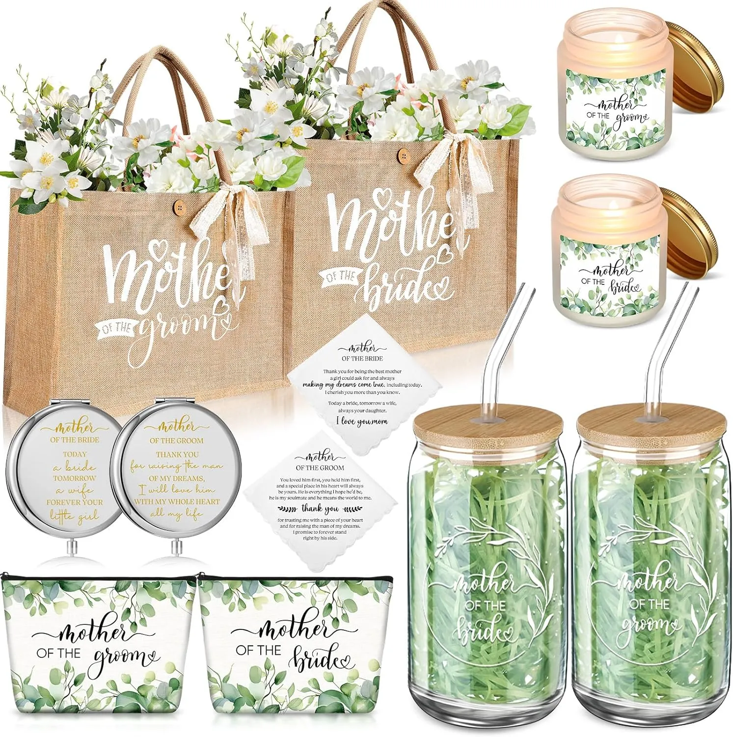 Hushee 2 Sets Mother of the Bride and Mother of the Groom Gifts Set Includes 16 oz Glass Cups Canvas Tote Bags Cosmetic Bag Handkerchief Candle for Mom Bridal Shower Wedding Gifts(Eucalyptus)