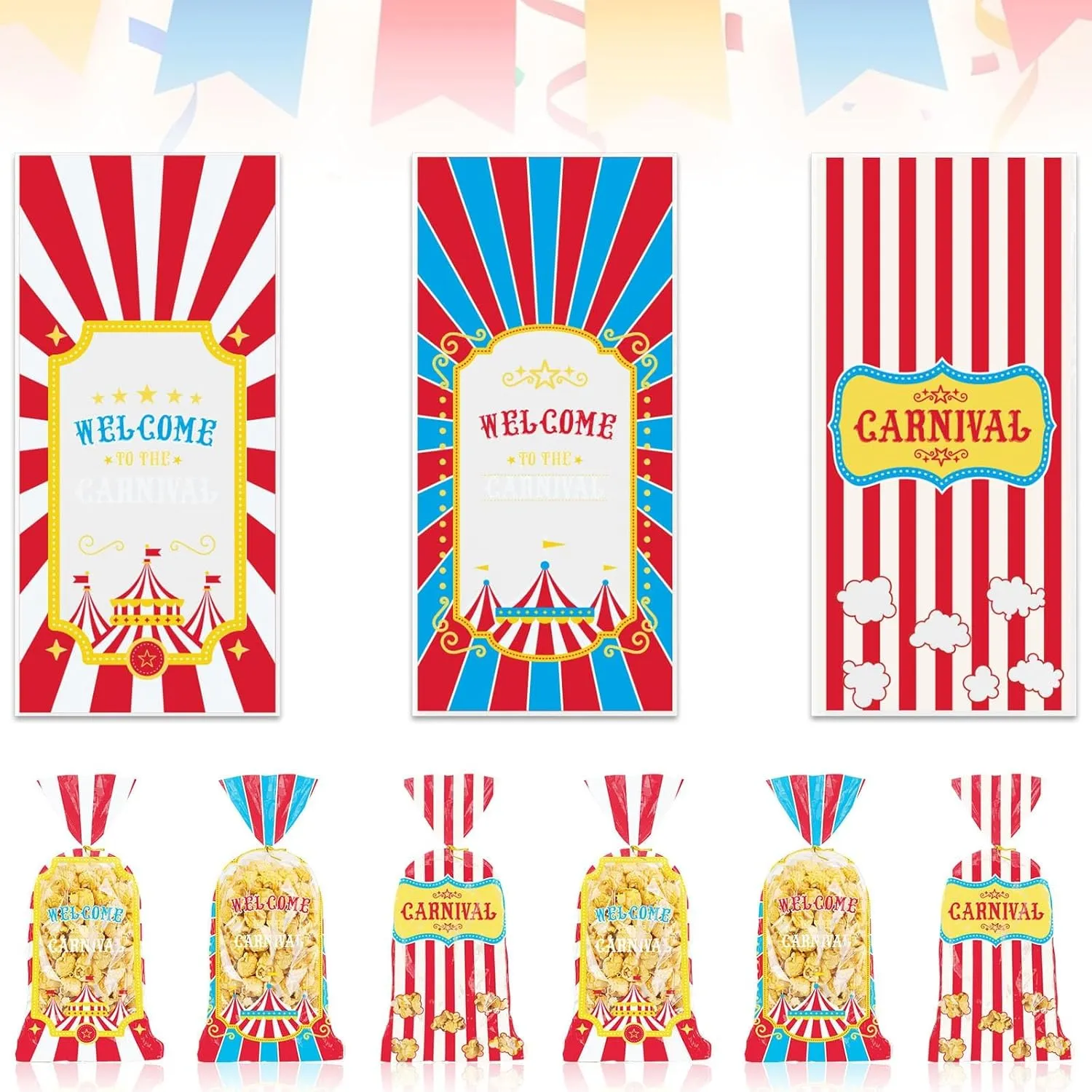 Hying 120 PCS Carnival Circus Cellophane Bags with Twist Ties for Gift, Carnival Cello Bag Birthday Popcorn Candy Bags Festival Popcorn Treat Bags for Cookie Candy Goodies Wrapping Supplies