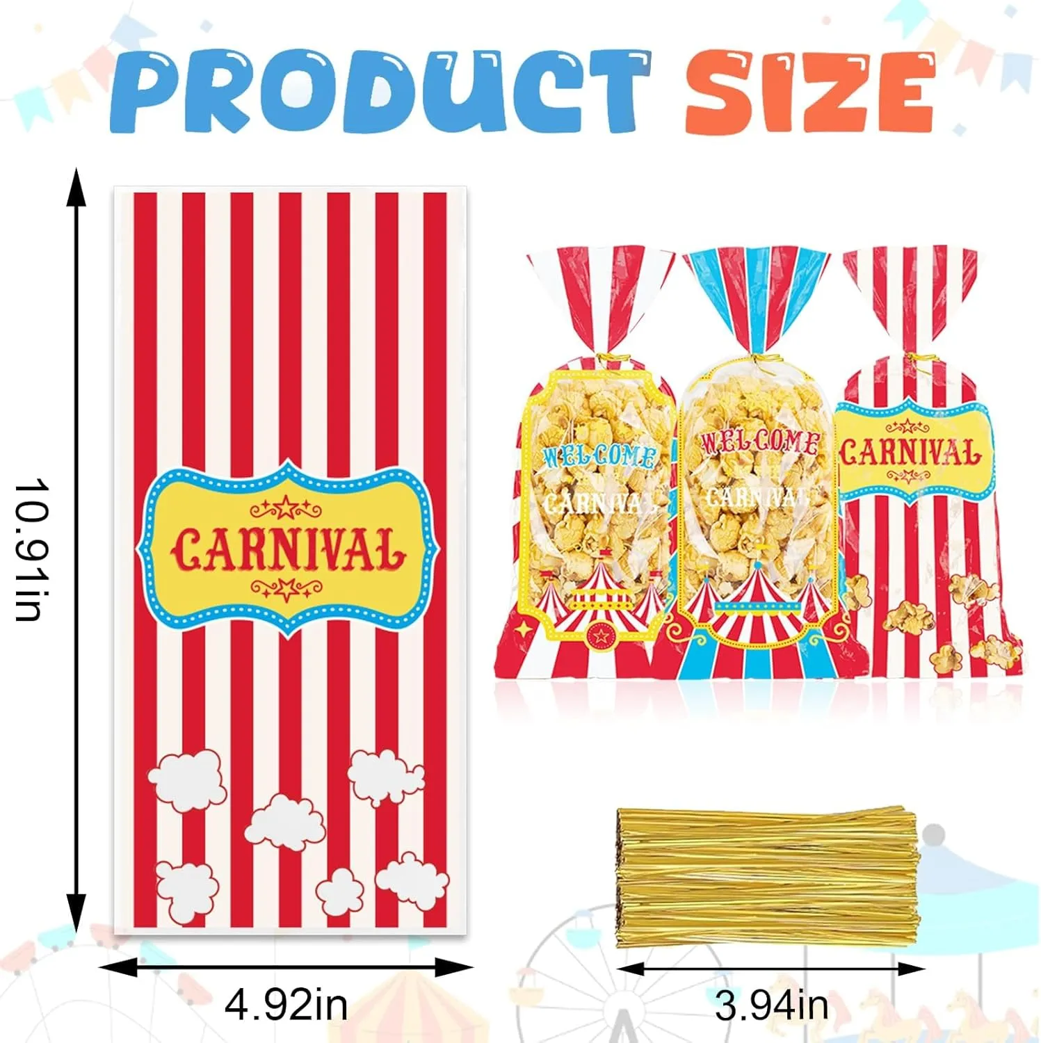Hying 120 PCS Carnival Circus Cellophane Bags with Twist Ties for Gift, Carnival Cello Bag Birthday Popcorn Candy Bags Festival Popcorn Treat Bags for Cookie Candy Goodies Wrapping Supplies