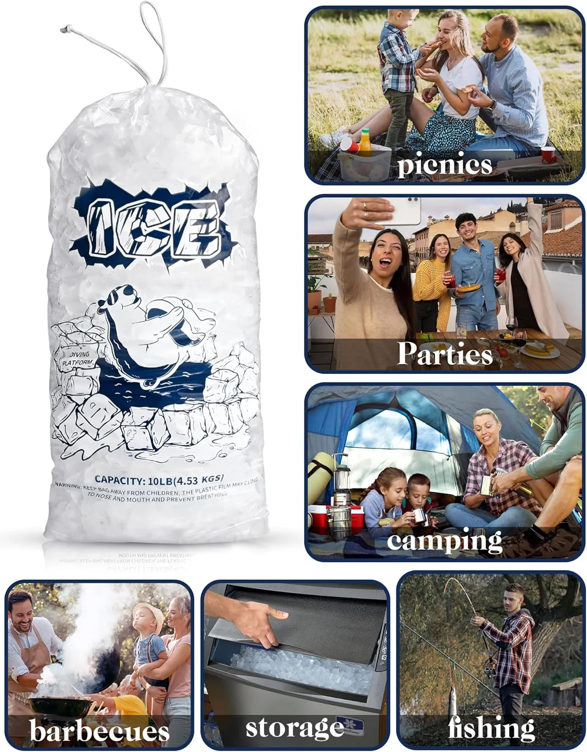 Ice Bags 8lb with Drawstring,100 Pack Plastic Ice Bags for Ice Storage