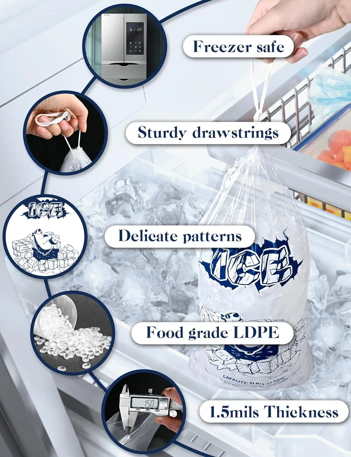 Ice Bags 8lb with Drawstring,100 Pack Plastic Ice Bags for Ice Storage