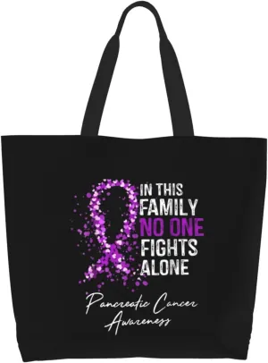 in This Family No One Fights Alone Pancreatic Cancer Canvas Tote Bags for Women, Ladies Shoulder Handbags Large Purse Lightweight Foldable Reusable Shopping Bag with Pockets for Work, Travel