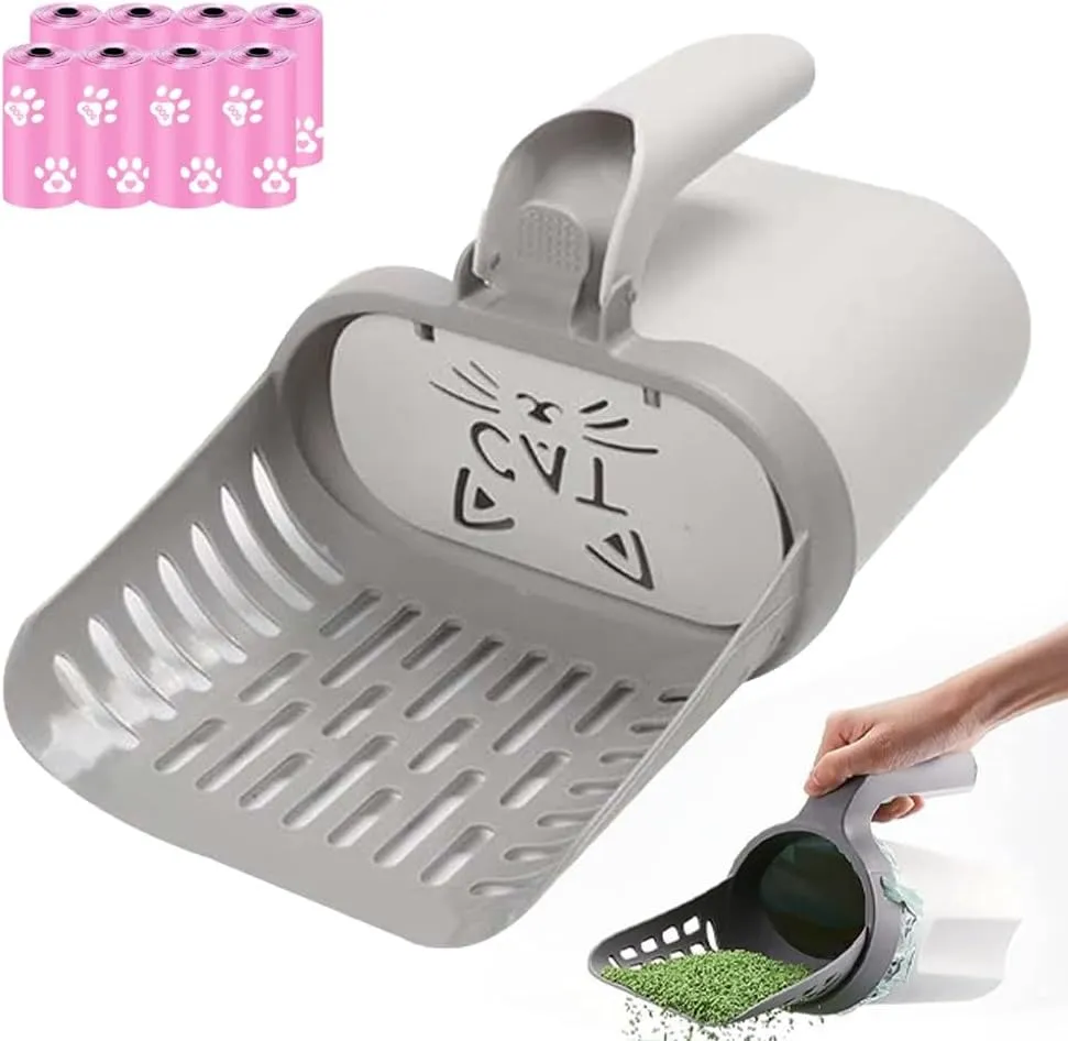 Integrated Cat Litter Scooper with Holder, Kitty Cat Litter Scoop for Litter Box, Large Capacity Cat Scooper Portable Shovel, Cat Litter Shovel with Waste Can and Refill 120 Bags(Integrated B)