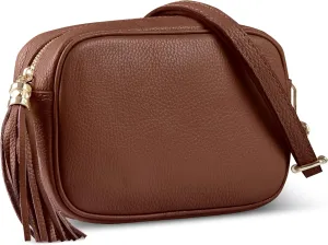 Italian Genuine Calf Leather Crossbody Bag for Women with Zip Strap Tassel | Small Camera Purse Shoulder Handbag Pocketbook
