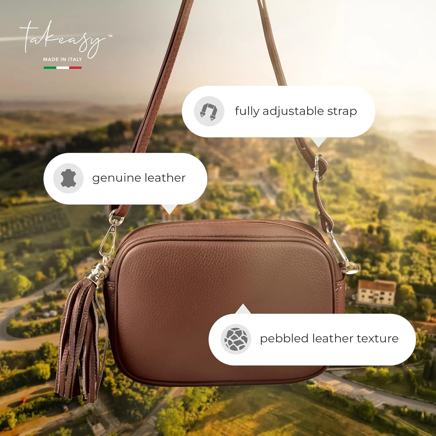 Italian Genuine Calf Leather Crossbody Bag for Women with Zip Strap Tassel | Small Camera Purse Shoulder Handbag Pocketbook