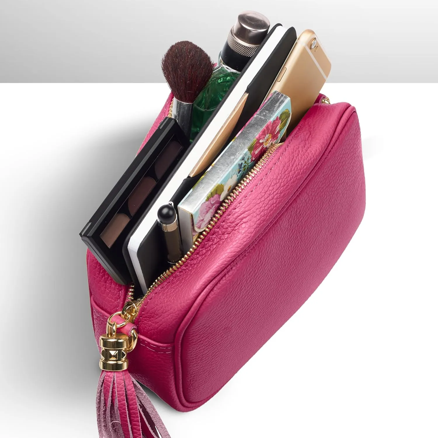 Italian Genuine Calf Leather Crossbody Bag for Women with Zip Strap Tassel | Small Camera Purse Shoulder Handbag Pocketbook