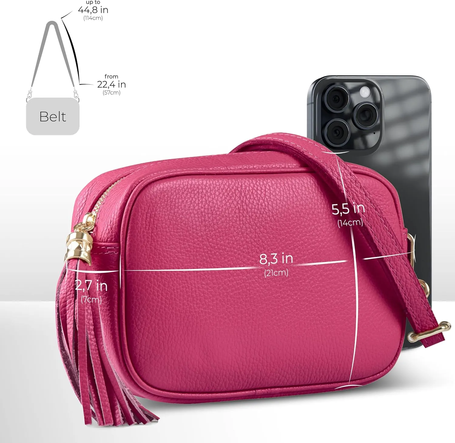 Italian Genuine Calf Leather Crossbody Bag for Women with Zip Strap Tassel | Small Camera Purse Shoulder Handbag Pocketbook