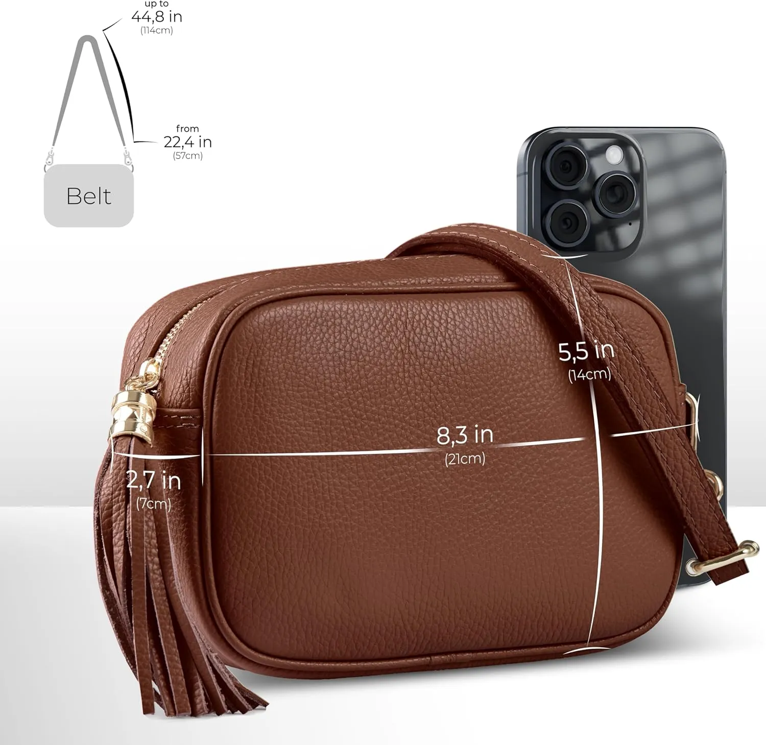 Italian Genuine Calf Leather Crossbody Bag for Women with Zip Strap Tassel | Small Camera Purse Shoulder Handbag Pocketbook