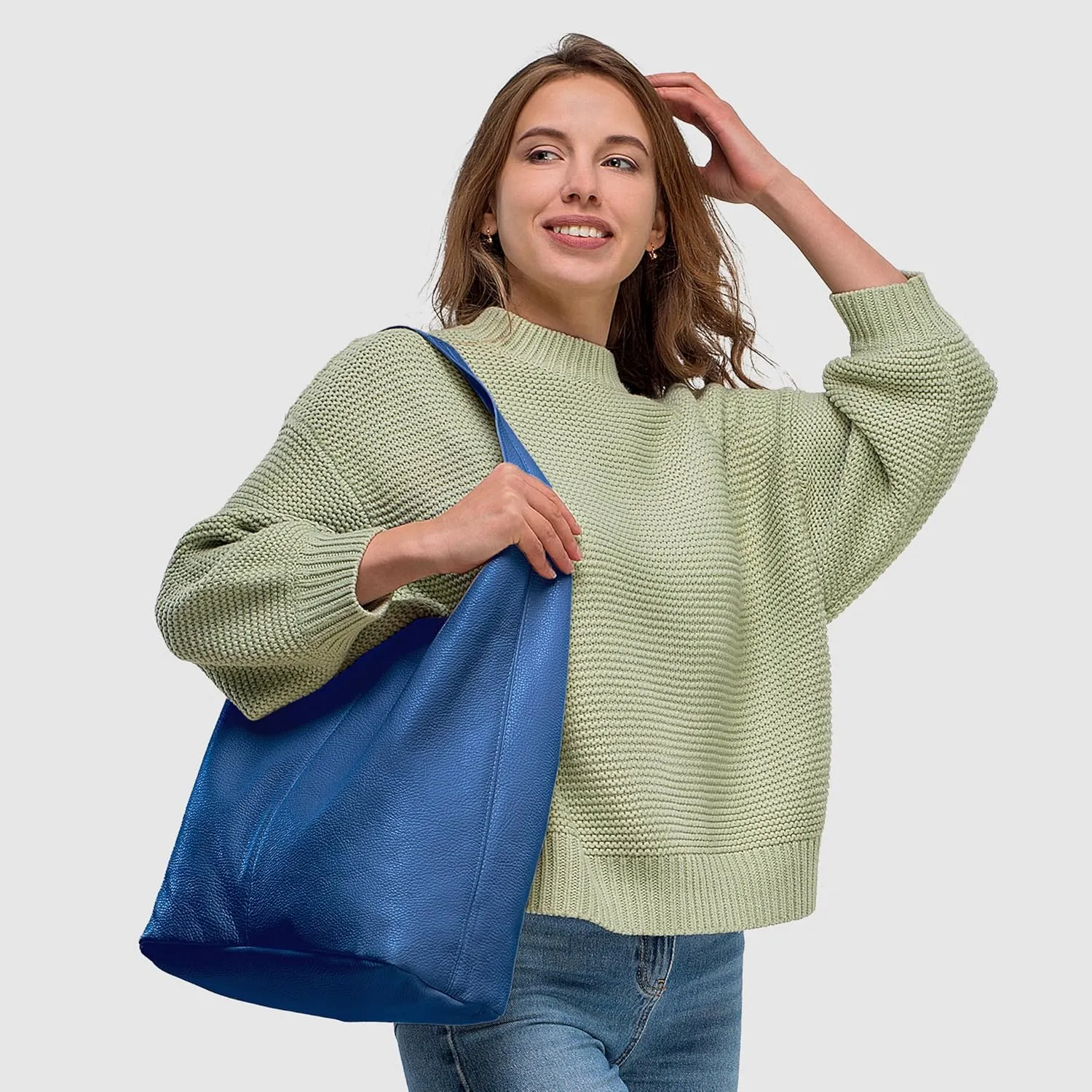 Italian Genuine Calf Leather Hobo Bag for Women with Zipper | Large Soft Slouchy Unlined Shoulder Handbag Tote Bucket Purse