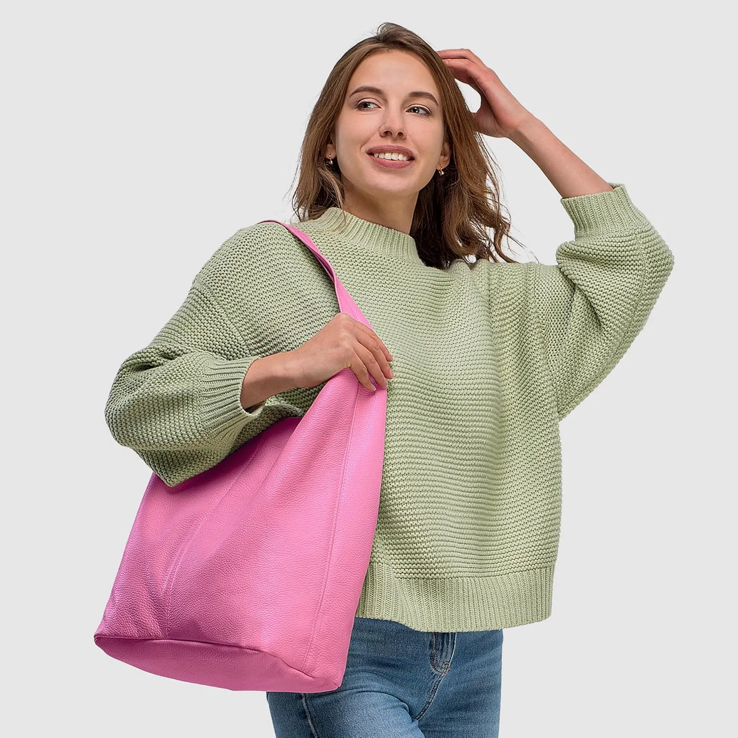 Italian Genuine Calf Leather Hobo Bag for Women with Zipper | Large Soft Slouchy Unlined Shoulder Handbag Tote Bucket Purse