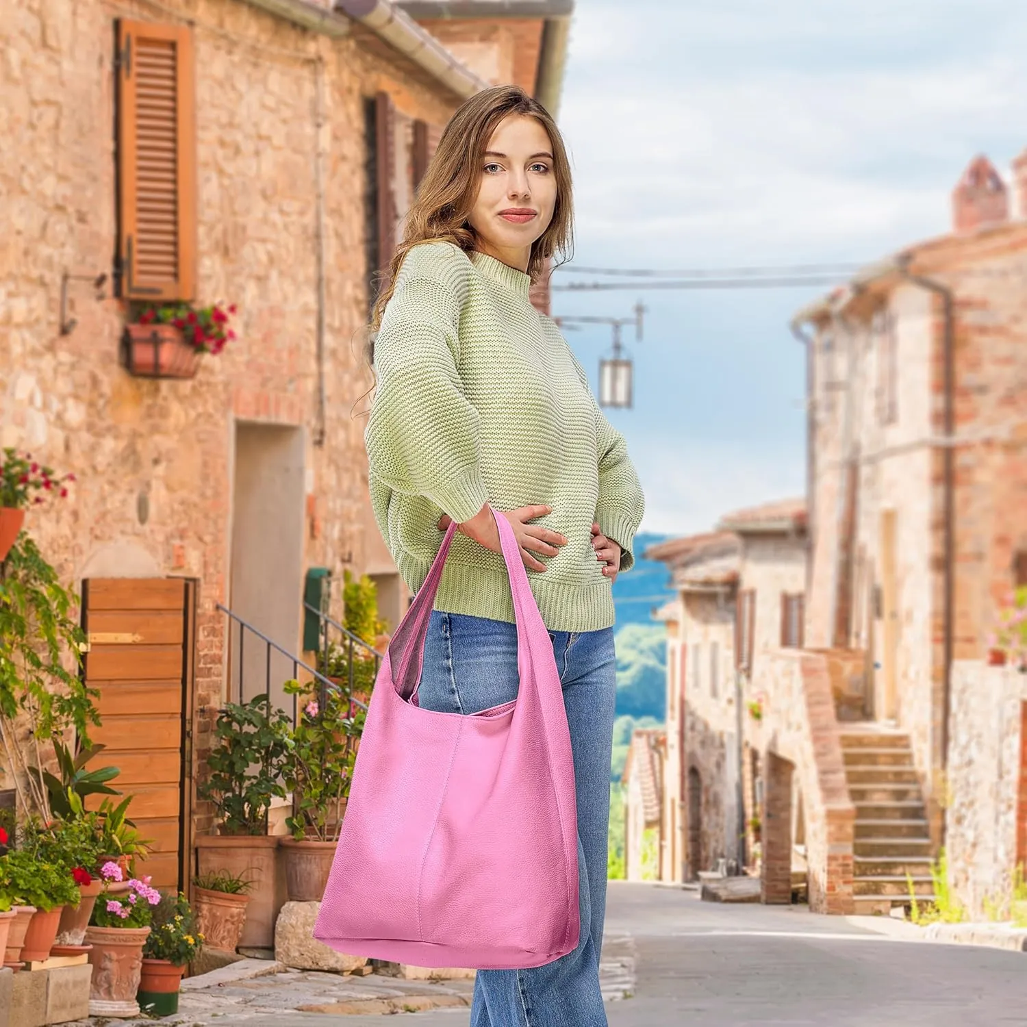 Italian Genuine Calf Leather Hobo Bag for Women with Zipper | Large Soft Slouchy Unlined Shoulder Handbag Tote Bucket Purse
