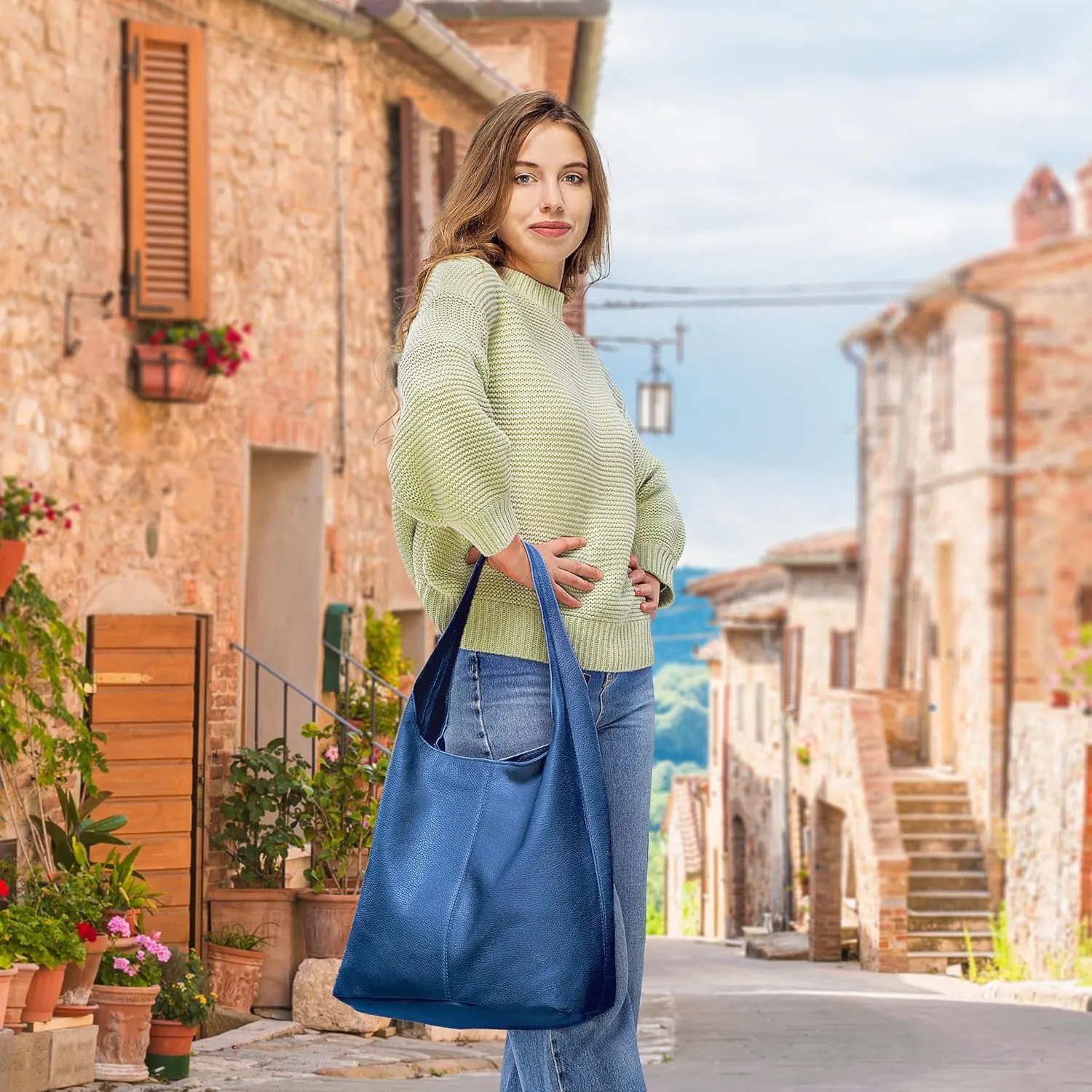 Italian Genuine Calf Leather Hobo Bag for Women with Zipper | Large Soft Slouchy Unlined Shoulder Handbag Tote Bucket Purse