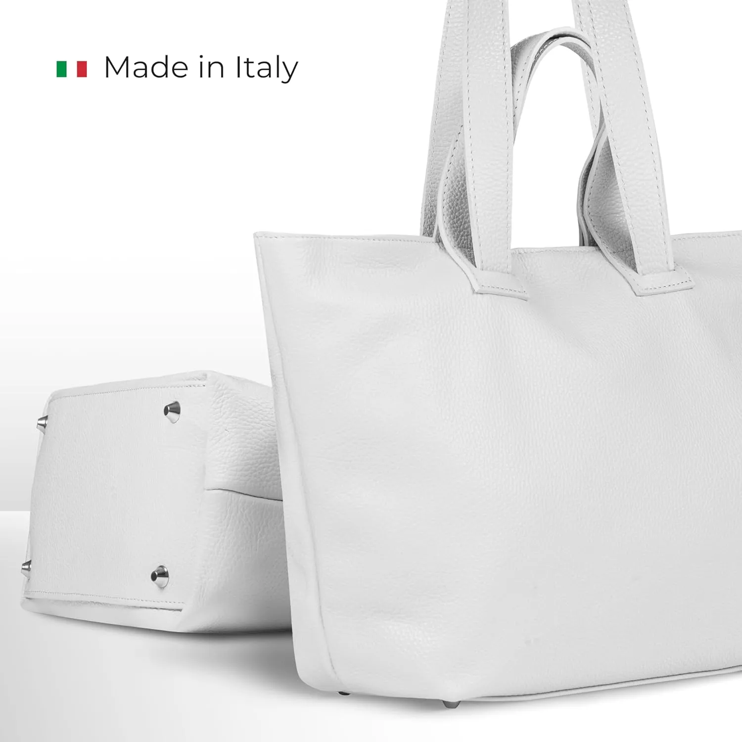Italian Genuine Calf Leather Tote Satchel Bag for Women with Zipper & Double Straps | Wide Large Work Laptop Shoulder Handbag