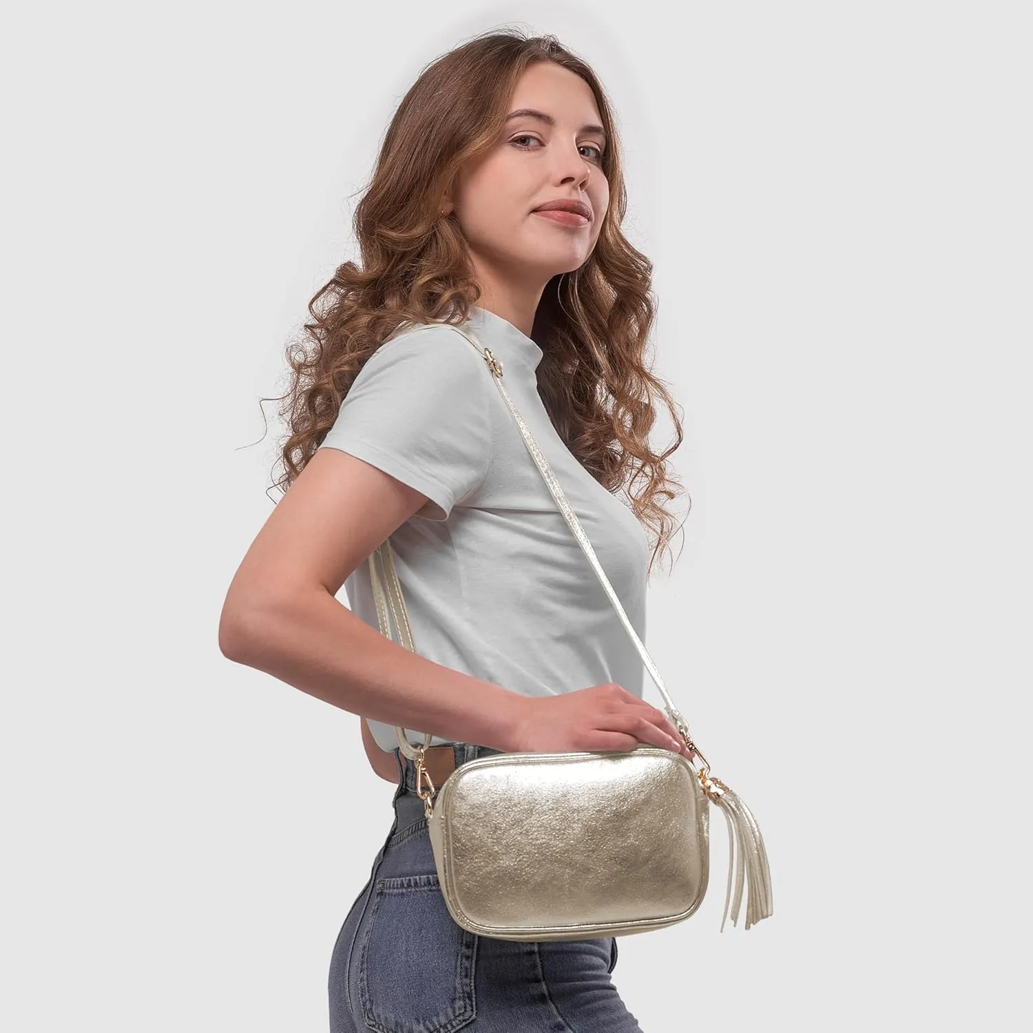 Italian Genuine Metallic Suede Leather Crossbody Bag for Women with Tassel | Small Camera Purse Shoulder Handbag Pocketbook