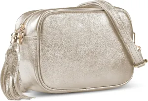 Italian Genuine Metallic Suede Leather Crossbody Bag for Women with Tassel | Small Camera Purse Shoulder Handbag Pocketbook