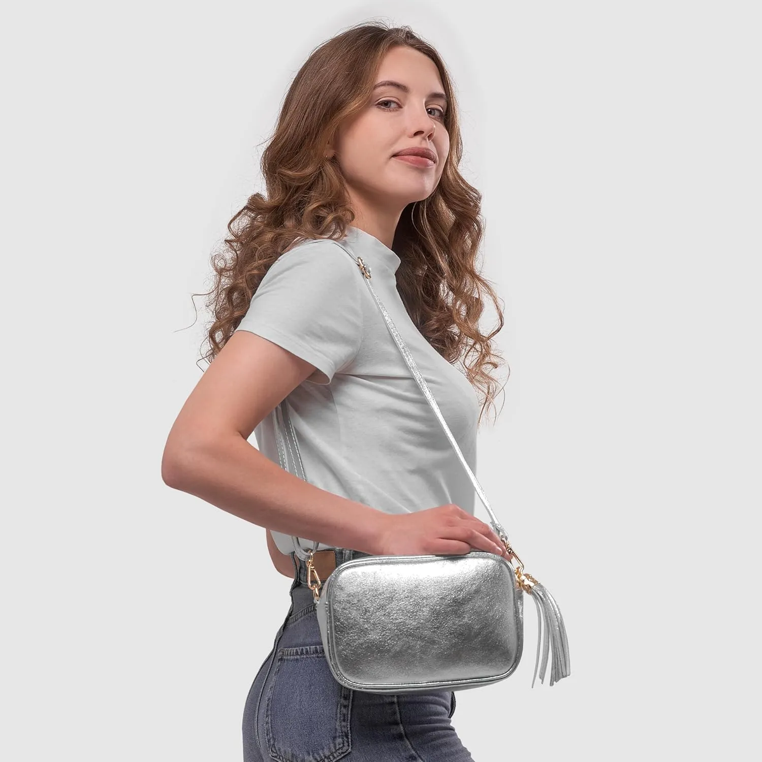 Italian Genuine Metallic Suede Leather Crossbody Bag for Women with Tassel | Small Camera Purse Shoulder Handbag Pocketbook