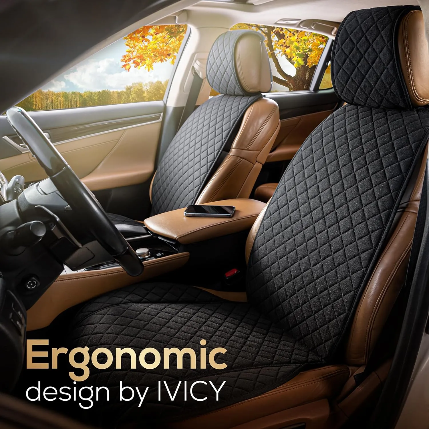 IVICY Linen Car Seat Cover for Cars - Non-Slip Soft & Breathable - Front Car Seat Protector Covers Universal Fits Most Automotive, Vans, SUVs, Trucks - 1 Unit - Black